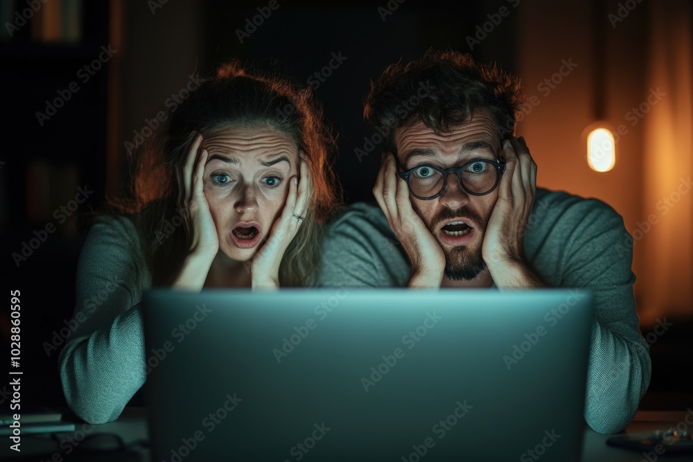 Concerned Couple Staring at Computer Screen at Night Concerned Couple Staring at Computer Screen at Night
