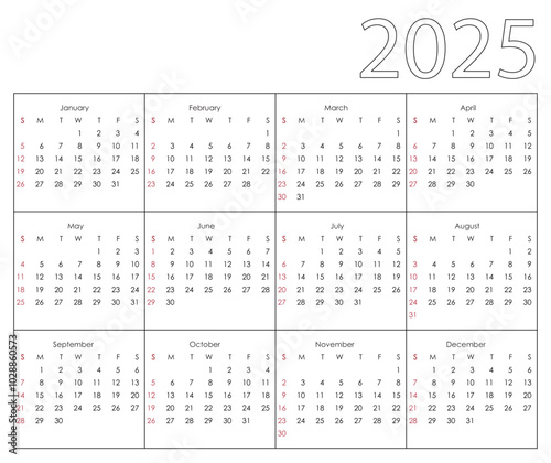 Calendar 2025 year. The week starts on Sunday.