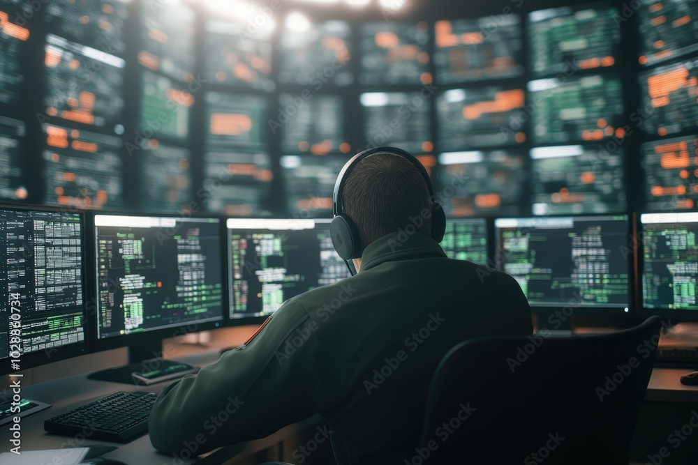 Cybersecurity Analyst at Work in Modern Control Room Cybersecurity Analyst at Work in Modern Control Room