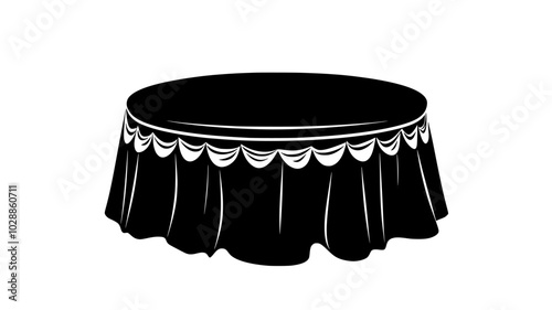 Table skirt with scalloped edge draped around the table, illustration art