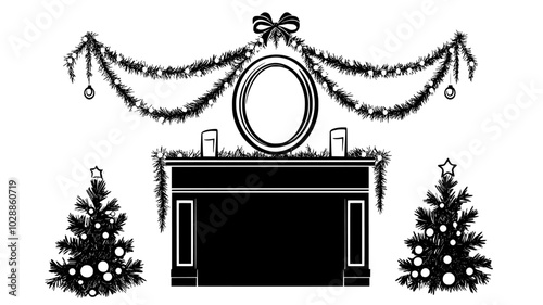 Tinsel garland draped over framed mirror above fireplace, illustration art