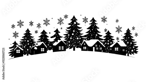 Tiny village nestled in the branches of a Christmas tree for a whimsical holiday decor, illustration art