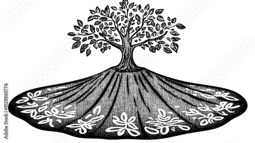 Tree skirt created from burlap coffee sacks, illustration art