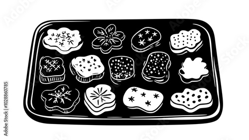 Tray of spritz cookies pressed into festive shapes, illustration