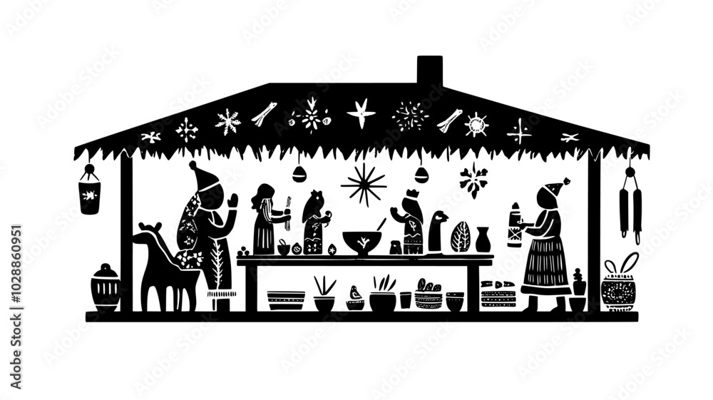 Obraz premium Wooden stable with figurines arranged inside on mantel, illustration