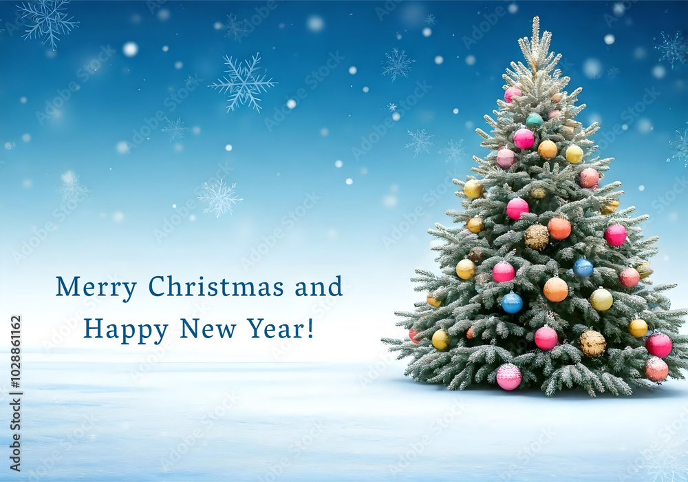 Obraz premium Christmas tree with balls and snowflakes New Year Postcard stock image