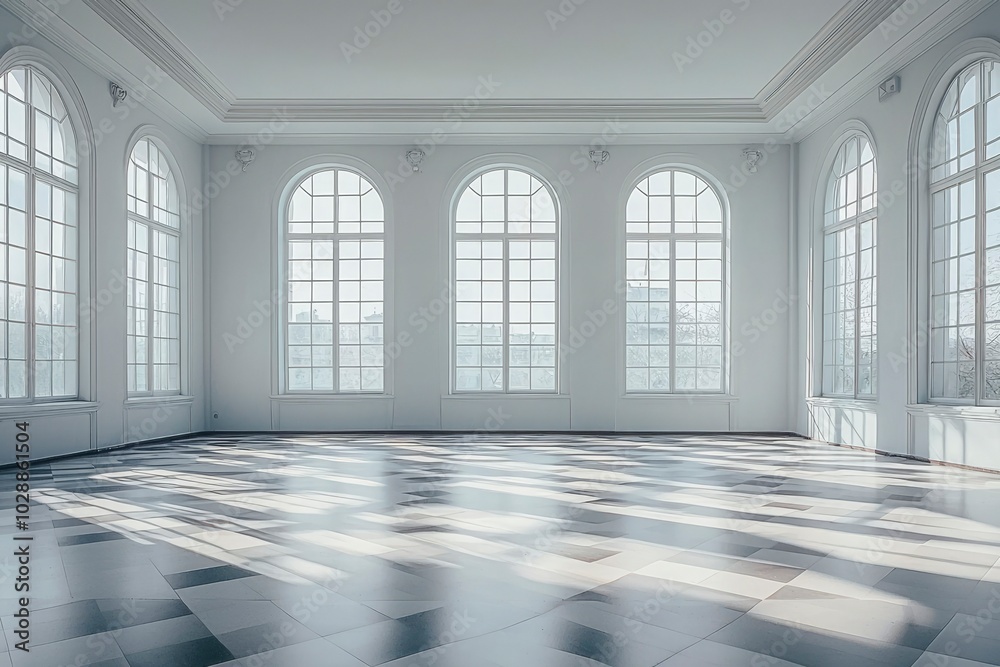 Empty Room with Large Arched Windows and Tile Floor Empty Room with Large Arched Windows and Tile Floor