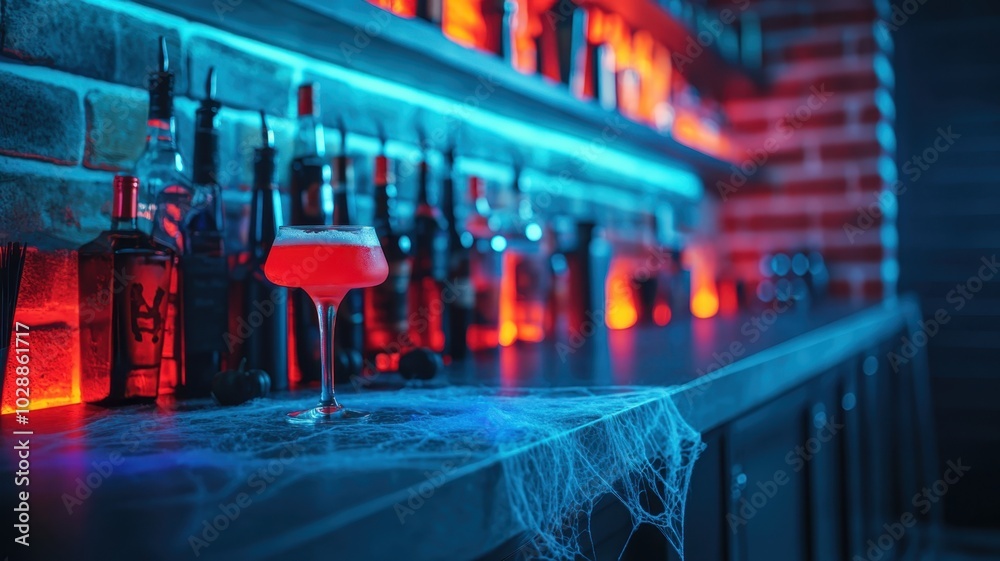 Haunted Halloween Bar Counter with Eerie Drinks, Cobwebs, and Festive Lighting for Spooky Atmosphere Haunted Halloween Bar Counter with Eerie Drinks, Cobwebs, and Festive Lighting for Spooky Atmosphere