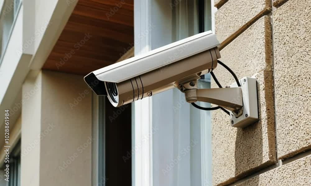a CCTV on the wall of a house painted white for security