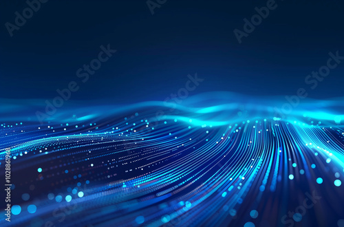Blue Fiber Optic Technology Concept Art with Glowing Light Effects and Speed Lines, Illustrative Vector Landscape