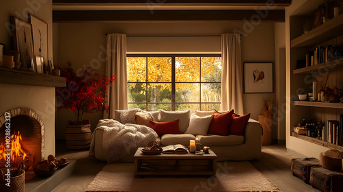 Cozy living room with autumn view and warm fireplace ambiance.