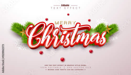 Merry Christmas 3D Text Effect Design. Editable and Scalable Vector Graphic Style Effect with Red Typography Lettering and Ornaments on White Background. Winter Holiday Illustration Template for
