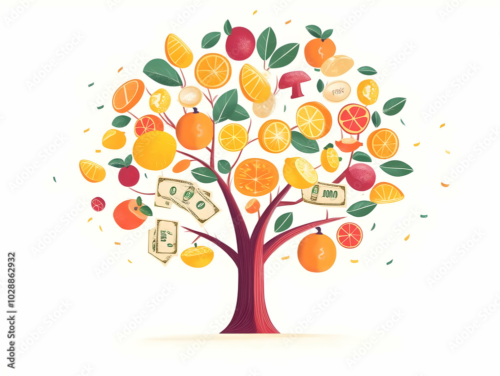 Flat Abstract Cash Tree with Discount Fruit: Medium Shot of a Digital Tree with Cash Leaves and Discount Symbols in Simple Vector Illustration - Smart Business Concept Flat Abstract Cash Tree with Discount Fruit: Medium Shot of a Digital Tree with Cash Leaves and Discount Symbols in Simple Vector Illustration - Smart Business Concept