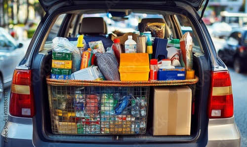 Overloaded car trunk full of various items.