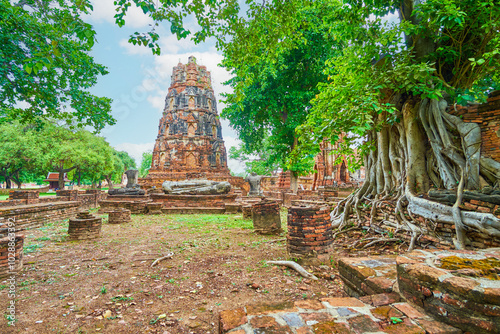 Brick ruins of ancient shrines, Wat Mahathat complex, Ayutthaya, Thailand photo