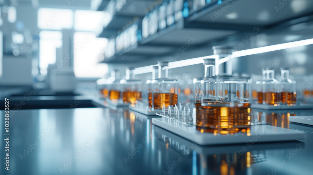 Laboratory scene featuring high tech equipment and glassware filled with orange liquid, showcasing modern scientific environment Laboratory scene featuring high tech equipment and glassware filled with orange liquid, showcasing modern scientific environment