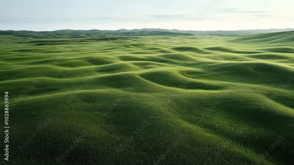 Vast landscape of rolling hills covered in lush green grass under a clear sky, creating a serene and tranquil natural scene. Vast landscape of rolling hills covered in lush green grass under a clear sky, creating a serene and tranquil natural scene.