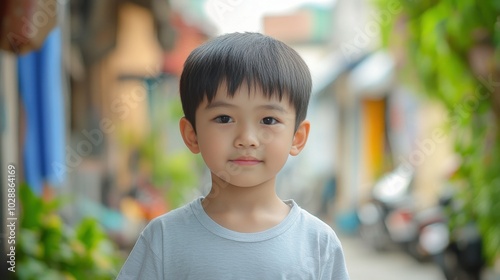 Young boy with short hair smiles confidently while standing in a colorful alley during a sunny afternoon