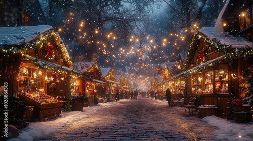 Experience the Festive Atmosphere of a Vibrant Christmas Market with Wooden Stalls