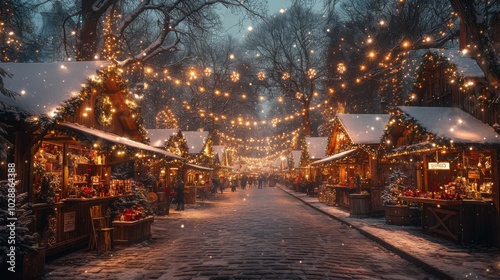 Explore the Vibrant Atmosphere of a Christmas Market with Wooden Stalls