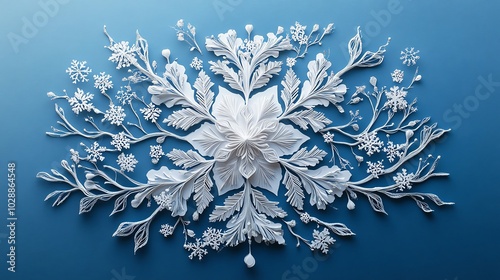 Multilayered paper cut snowflakes with intricate, delicate branches for festive decoration, paper cut snowflake, delicate holiday design photo