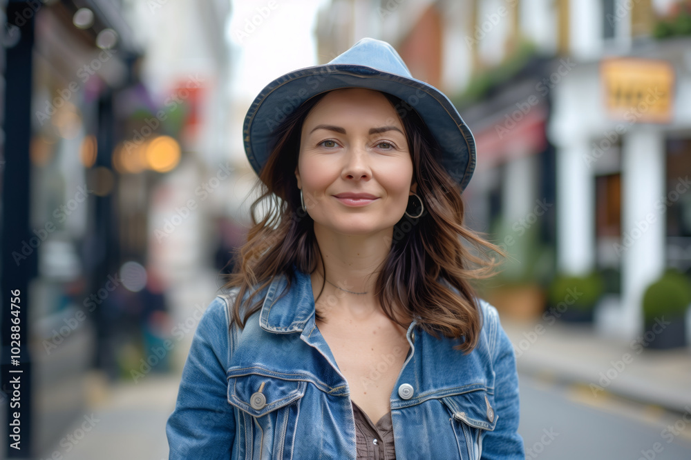 A woman wearing a blue hat and jacket is smiling at the camera A woman wearing a blue hat and jacket is smiling at the camera