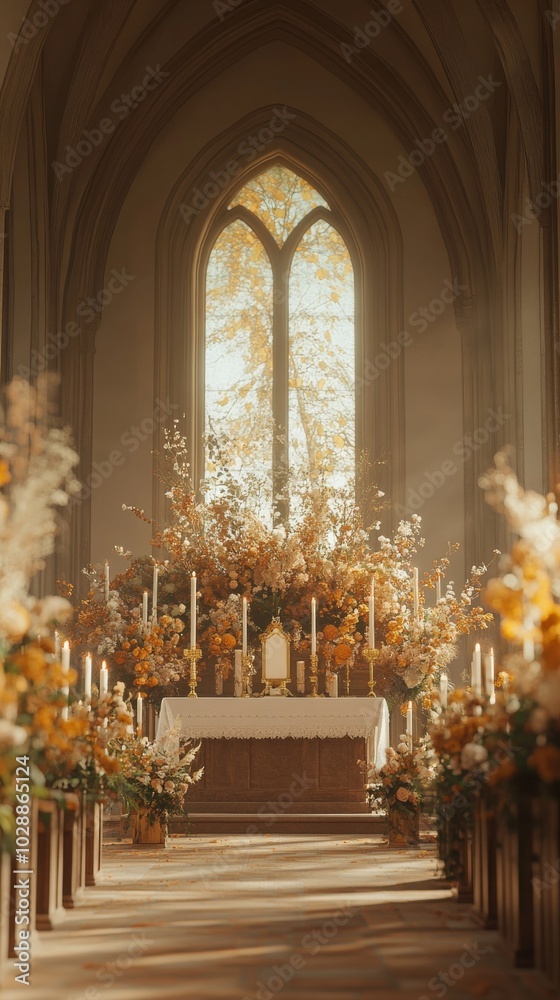 An empty scene featuring a peaceful church altar adorned with tall candles and flower arrangements, framed by a high arched window,  