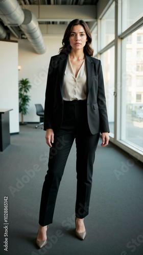 Professional woman in a stylish suit standing confidently in a modern office 