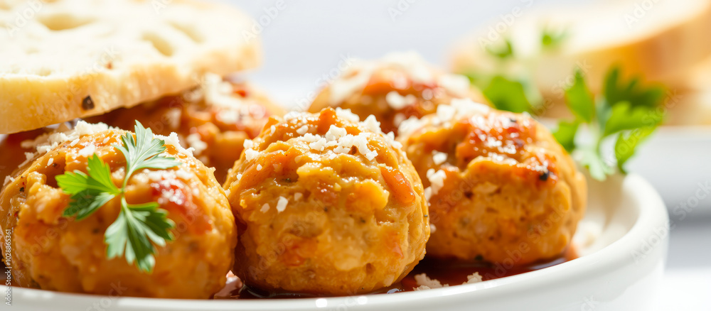 plate golden brown meatballs with sauce parsley plate golden brown meatballs with sauce parsley