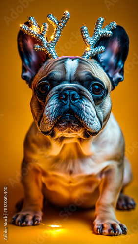 french bulldog wearing a sparkling reindeer headband