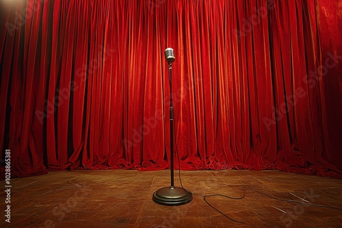 A Single Vintage Microphone on a Wooden Stage with Red Curtains photo