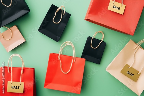 multiple shopping bags arranged in a grid pattern, featuring bright red, black, and gold bags with 