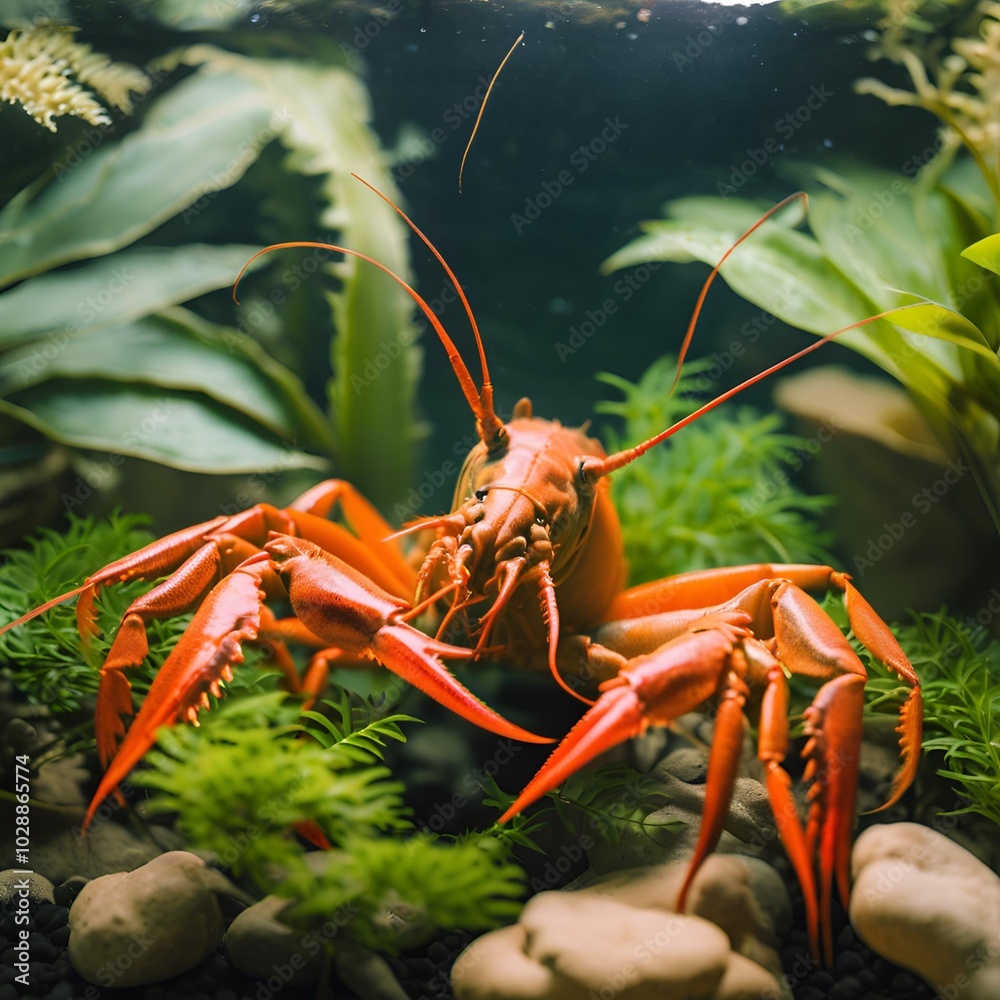 Crayfish in Aquarium with Green Plants Crayfish in Aquarium with Green Plants