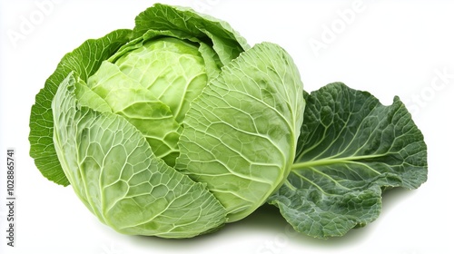 Fresh Green Cabbage Whole and Prominently Displayed Against White Background, Vibrant Green Color with Tightly Packed Leaves, Darker Outer Leaves and Lighter Inner Leaves, Crisp Texture 