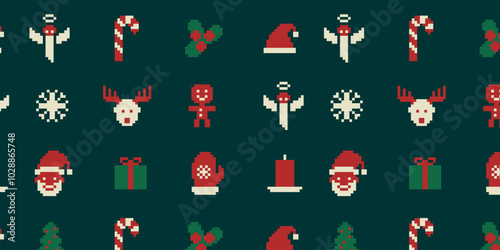 8bit pixel Christmas sweater pattern. Cute pixelated ornament, Christmas holiday traditional sweater knit with red socks, reindeer, gift box and bow square pixel vector pattern