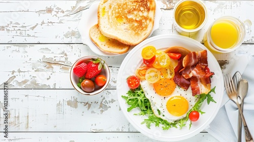 Different meals served for breakfast on wooden table, flat lay