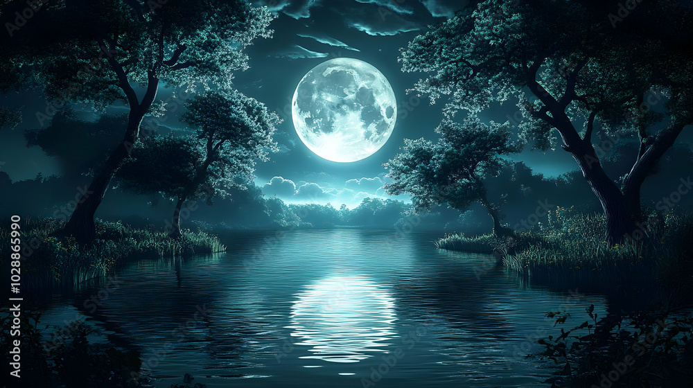 Serene moonlit landscape reflecting on a tranquil lake. Serene moonlit landscape reflecting on a tranquil lake.