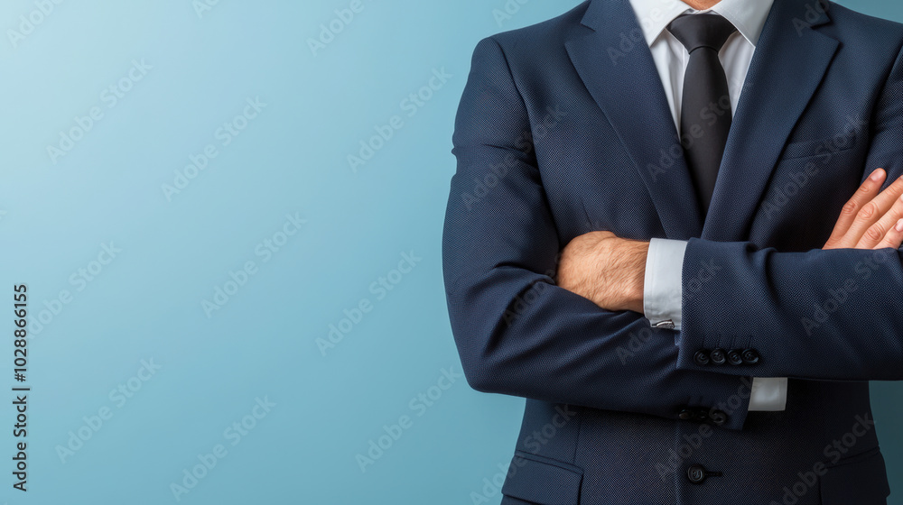 confident business leader in formal suit with arms crossed, exuding professionalism and authority against light blue background confident business leader in formal suit with arms crossed, exuding professionalism and authority against light blue background