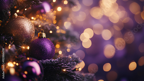 A close-up image of two Christmas ornaments, one purple and one gold, adorned with glitter, hanging on a snowy tree branch, with warm bokeh lights in the background.