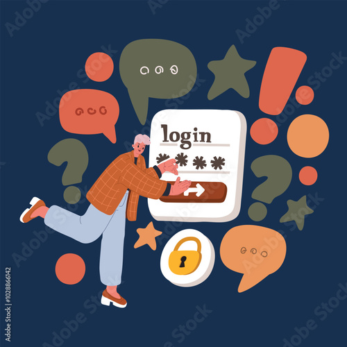 Cartoon vector illustration of a woman attempting to log in, reflecting the challenges and frustrations of accessing online accounts