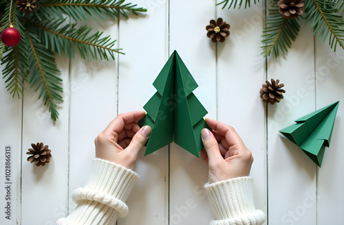 Top down view, woman hands making origami Christmas tree from green paper on white wooden table photo