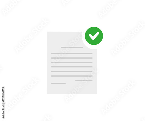 Approved document, green check mark on paper page icon. Successful check of a resume, review or test. Approved contract, agreement vector design and illustration.
