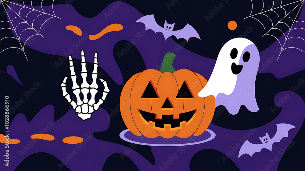 Fototapeta premium Spooky Halloween pumpkin, ghost, and skeletal hand graphic design. 