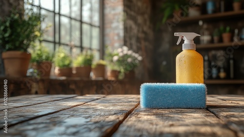 Efficient Cleaning Sponge and Spray Bottle Arrangement for Home Cleanliness