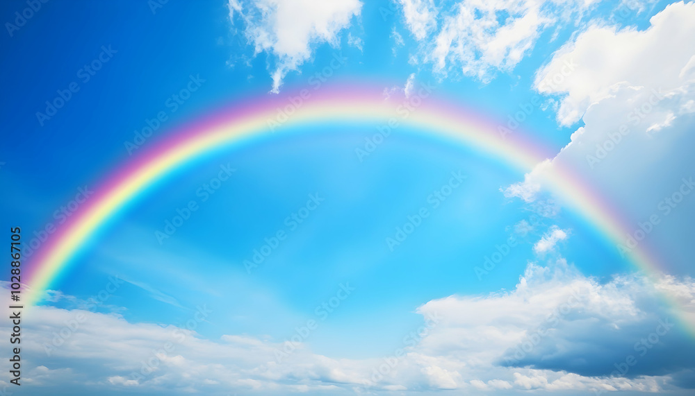 A brilliant rainbow arching across a bright blue sky, promising joy A brilliant rainbow arching across a bright blue sky, promising joy