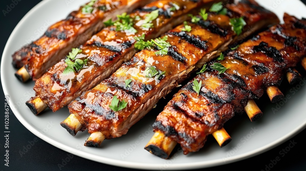 Close-up of grilled barbecue ribs on a white plate garnished with fresh herbs. The ribs are glazed with sauce and have grill marks and charred edges. Close-up of grilled barbecue ribs on a white plate garnished with fresh herbs. The ribs are glazed with sauce and have grill marks and charred edges.