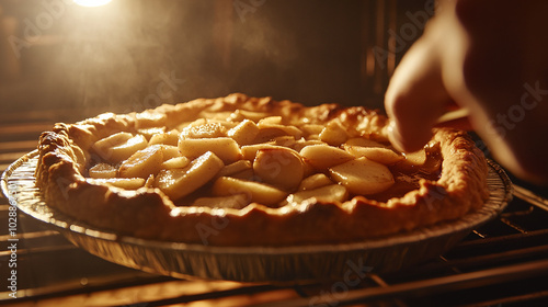 Close-up of a baker baking a golden apple pie photo