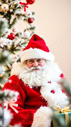 smiling santa claus stands before a decorated christmas tree