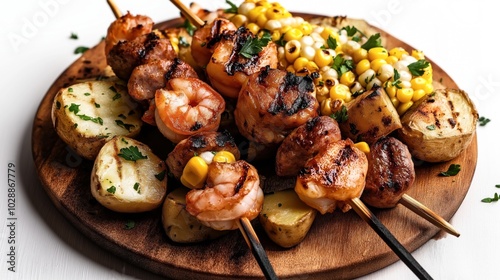 Grilled shrimp and sausage skewers served with roasted potatoes and corn on a wooden platter, garnished with fresh parsley.