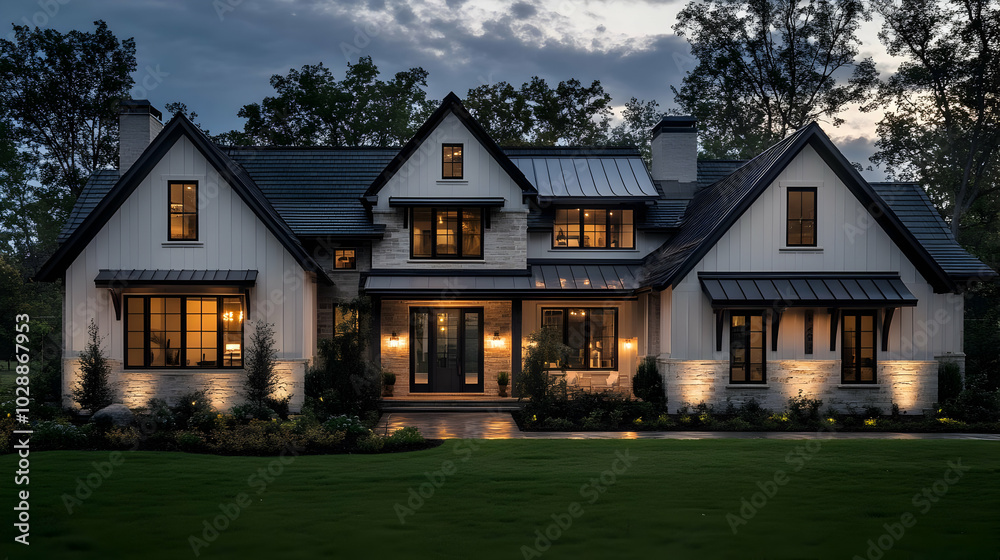 Modern house exterior illuminated at dusk with landscaped surroundings.